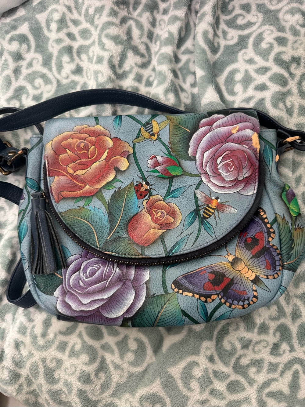 Anuschka Genuine Leather Teal Floral & Butterfly Crossbody with Tassel